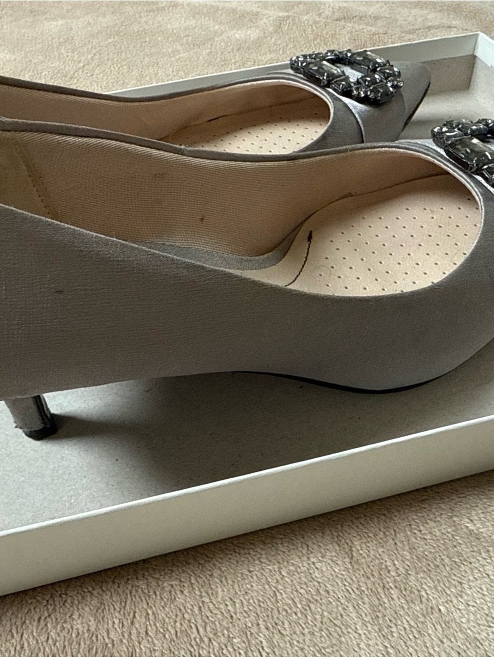 Life Stride Silver-Gray Satin Mid-Heel Pumps with Jewel Accent